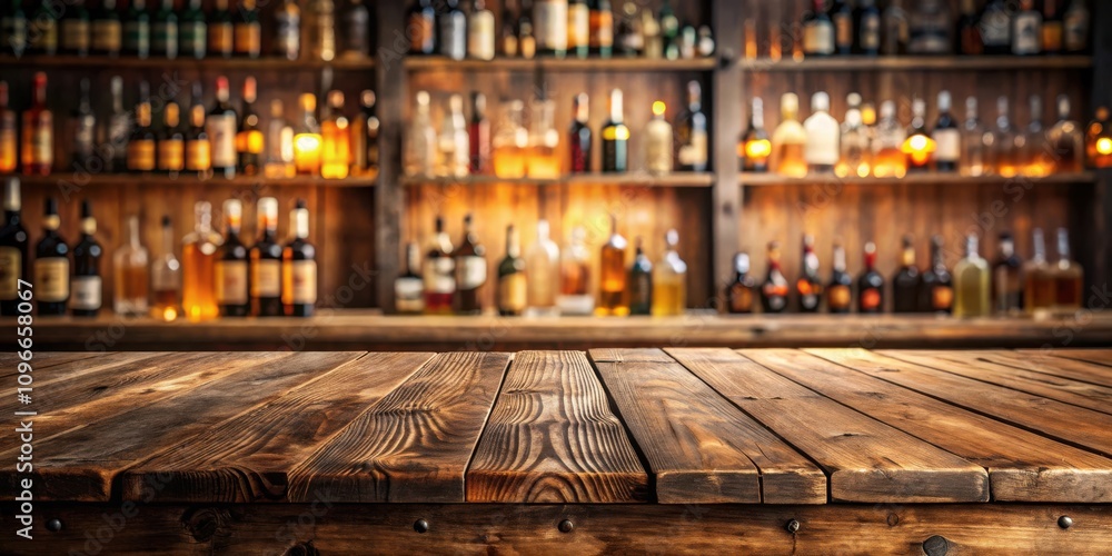 Aufkleber closeup of a rustic wooden table with a blurred background of a bar's liquor shelves