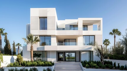 Fototapeta premium Balconies adorned with planters spilled over with vibrant foliage, seamlessly blending architecture with nature. 