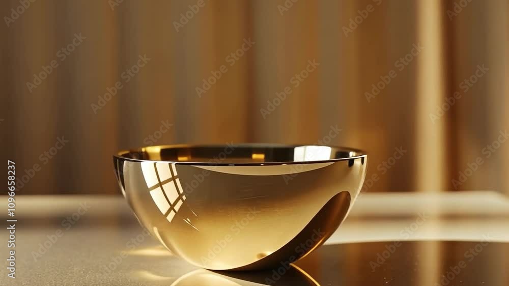Poster a golden bowl sits on a polished surface, glimmering under soft light from nearby windows. the warm 