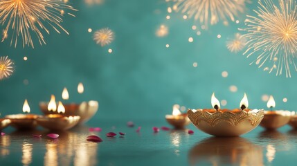 Vibrant Diwali background featuring glowing diyas,Deepavali or Dipavali the festival of lights india,festive garland lights,Banner diwali sale,Traditional Indian festival Diwali,copy space.