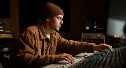 a young man in professional music recording studio, with color beanie and jacket