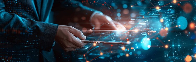 Digital Technology Network Security Data Center Engineer with Tablet for Cloud Computing and Financial Growth in Ultra Realistic Photo