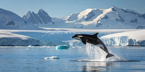 Naklejka premium Majestic Orca jumping out of the water in arctic, created by Generative AI