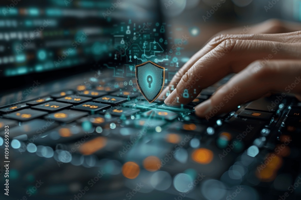 Poster cybersecurity and privacy concepts online security system on laptop for protecting personal data and