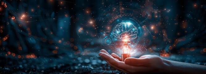 AI Innovation and Creative Business Technology with Digital Brain and Light Bulb Industrial Development
