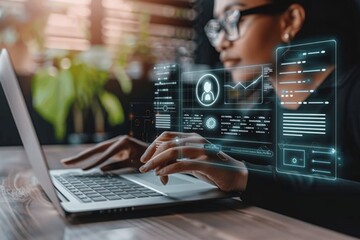 HR Management and Document Checklist Concept Businesswoman Leveraging Digital ID Cards and AI Technology for Recruitment and Teamwork Success