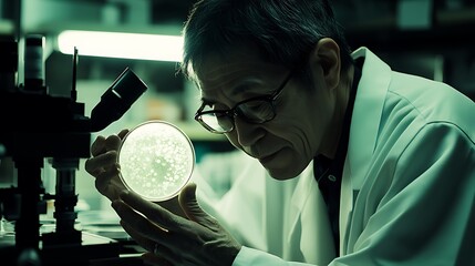  Scientist in lab coat meticulously examining petri dish with cells, symbolizing groundbreaking longevity research in a modern laboratory setting.
