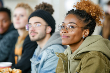 Friends watching Super Bowl football game eating snacks together at home