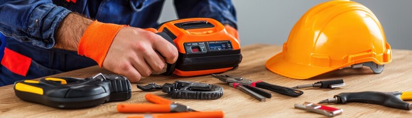 Technician Inspecting Industrial Equipment with Tools and Safety Gear