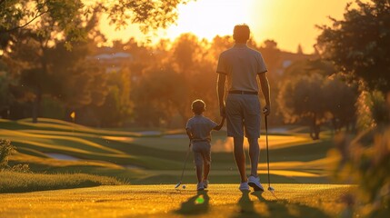 Father and Son Golfing at Sunset on a Beautiful Green Golf Course