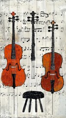 Naklejka premium Musical arrangement of two violins and sheet music, classic instruments with notes, artistic performance concept