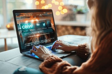 Woman using laptop for social media and blogging at home, freelance content creator, online work, reading blog on computer