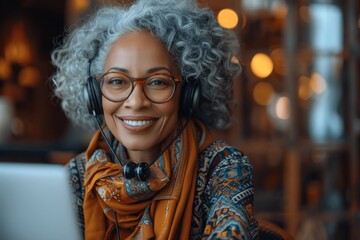 Obraz premium Smiling mature woman support agent with grey hair and headset laughing in video call with clients