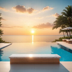 Luxurious Infinity Pool Overlooking Ocean Sunset With Palm Trees