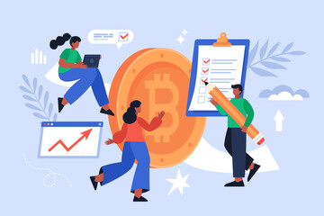 Bitcoin value business concept.  Modern vector illustration of people expanding cryptocurrency investment