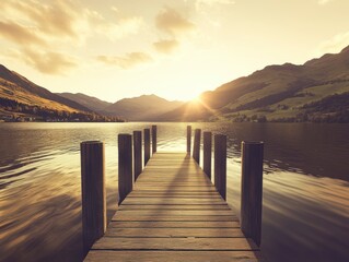Obraz premium Serene Lakeside Sunset: A Tranquil Wooden Pier Extends into a Picturesque Mountain Lake, Offering a Peaceful Escape. Majestic Natural Scenery at Golden Hour.
