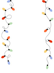 Curvy strings of Christmas garland lights on vertical white background. Celebration vector template with empty space for text.