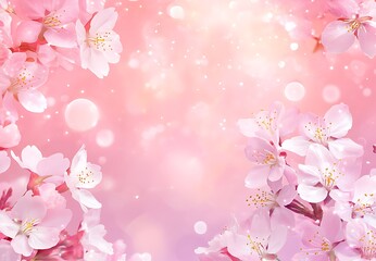 Pink cherry blossoms on a pink background with a banner for copy space, perfect for spring-themed designs or text placement.