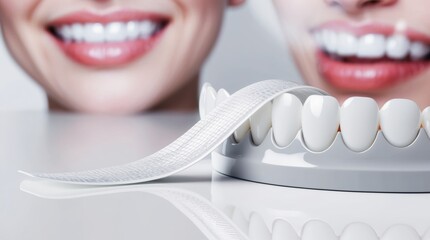 Close-up of dental whitening strips placed beside bright white teeth model with smiling lips