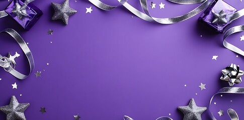 Purple Background with Silver Ribbons and Stars, Flat Lay Top-Down View, Elegant and Festive Design, Perfect for Special Occasion Celebrations