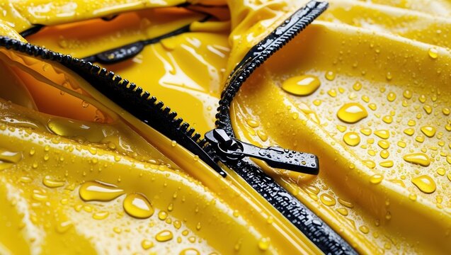 Close-up of yellow rain jacket zipper covered in water droplets, showcasing waterproof material