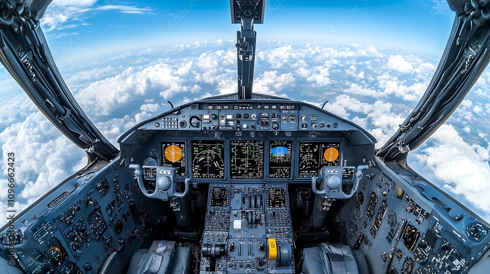 Aufkleber cockpit view of an aircraft above the clouds, showcasing flight instruments and controls.