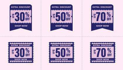 Discount Coupon Sale Label Icon Set, Special Offer, Big Sale, Extra Discount. Flat Design on Pink Background.