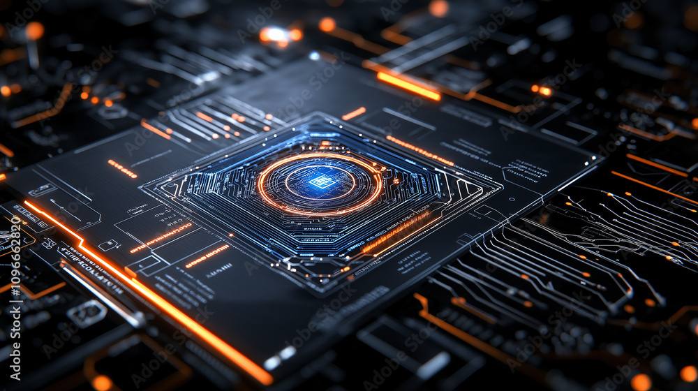 Poster close up of computer screen displaying futuristic circuit board with glowing elements, showcasing ad