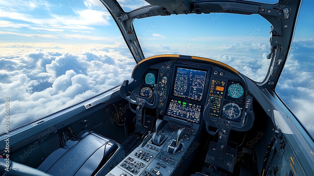Poster cockpit view of an aircraft above the clouds, showcasing flight instruments and controls.