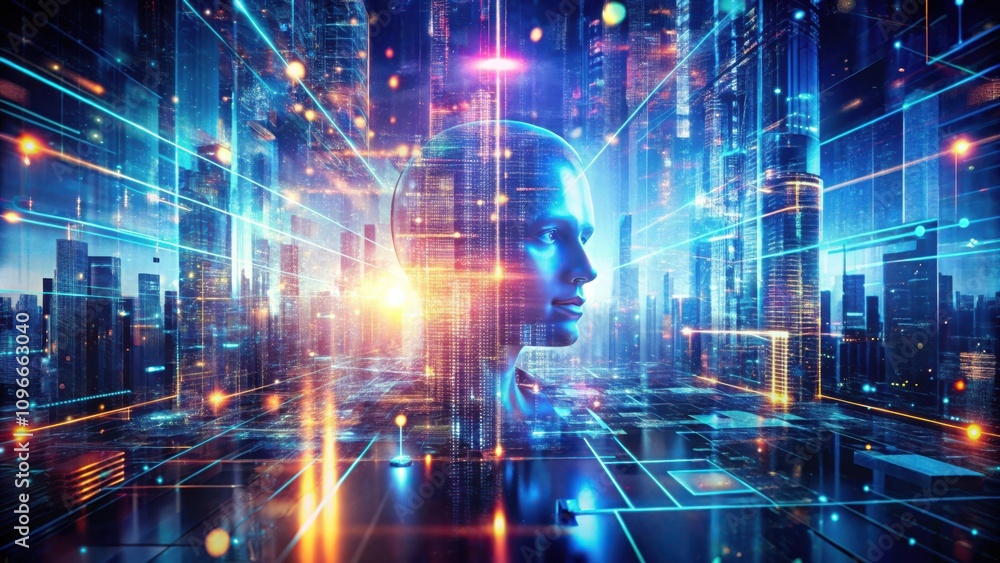 Aufkleber The Digital Mind A futuristic cityscape illuminated by neon lights, with a human head composed of data and code, symbolizing the intersection of technology and humanity.