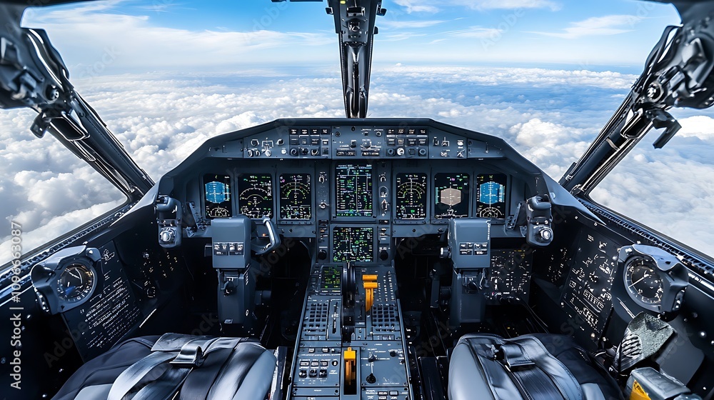 Aufkleber aerial cockpit view showcasing flight instruments and controls above the clouds.