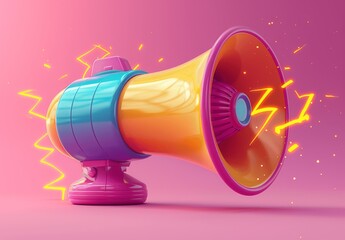 Megaphone with Lightning on Pink Background, Minimal Cartoon Style, Simplified Design, Purple and Yellow Palette, Isometric View, 2D High Resolution Illustration
