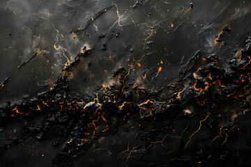 Smoldering embers and particles on a black canvas, generating a deeply shadowed atmosphere, in a close-up frame.