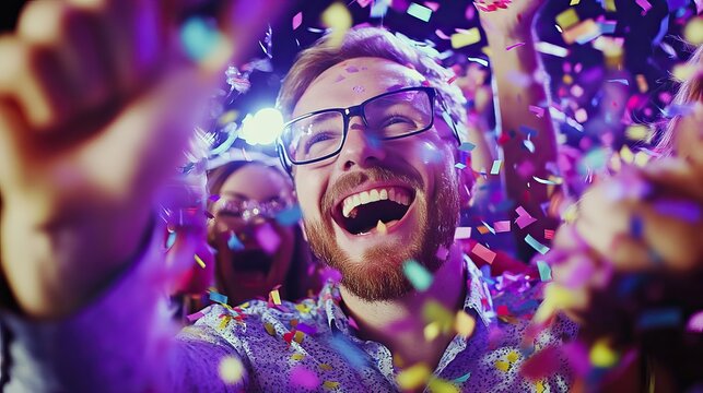 A group of colleagues share a moment of joy in the office, celebrating success with confetti and happy faces all around