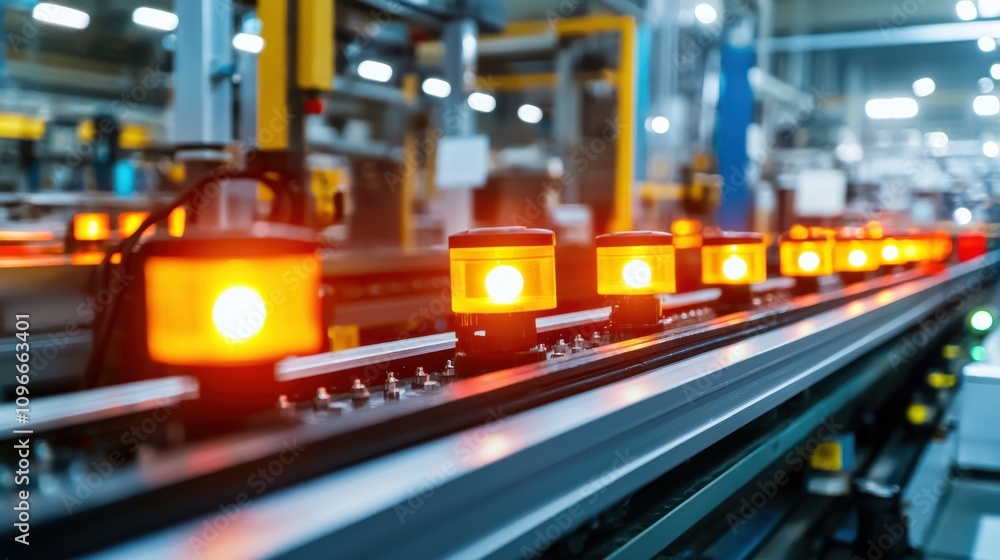 Poster illuminated sensors on factory machinery in high-tech environment