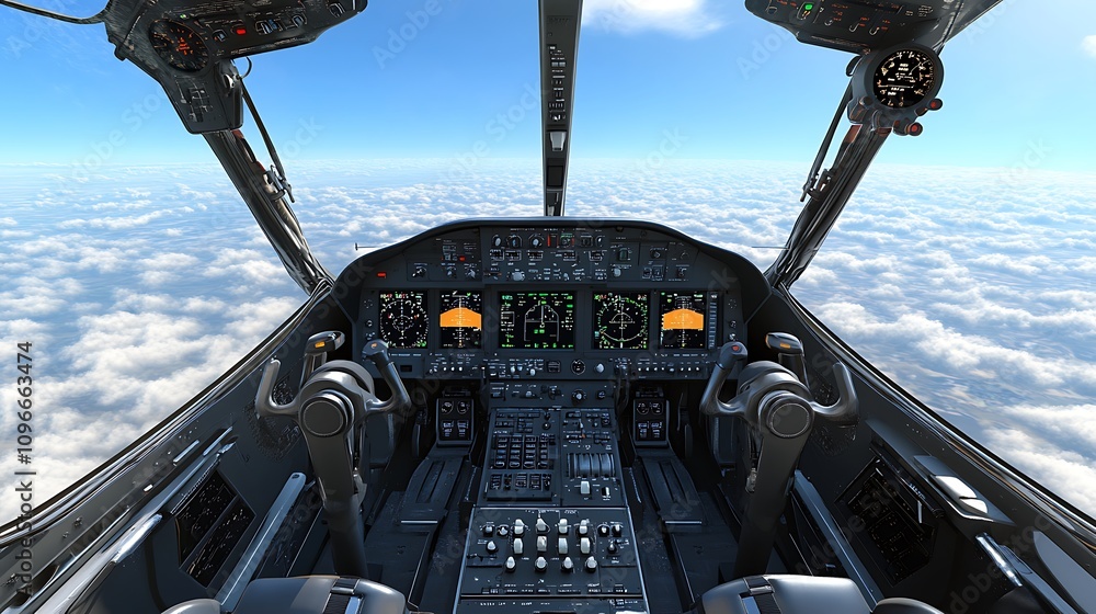 Poster cockpit view of an aircraft with instruments and controls for navigation and flight management.