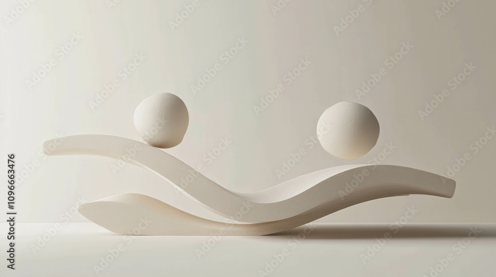 Poster abstract sculpture of smooth curves with floating spheres in soft neutral tones