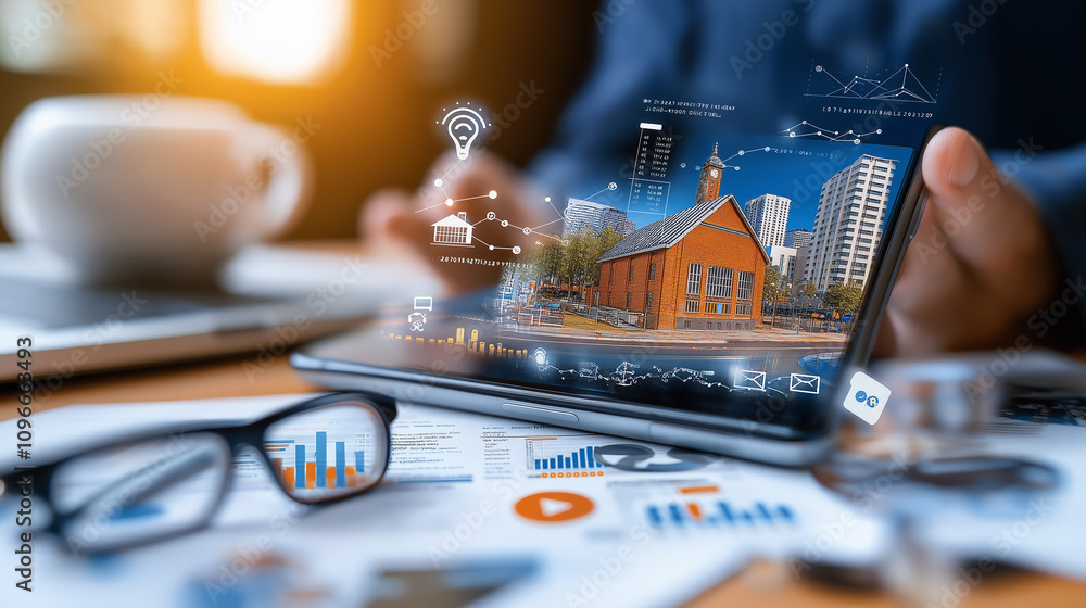 Poster close up of tablet displaying digital cityscape with graphs and data analysis, symbolizing technolog