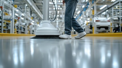 Obraz premium Sleek Cleaning Machine in Large Factory Floor Space for Maintenance