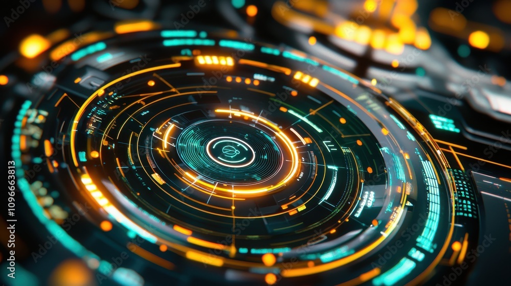 Aufkleber modern digital interface with bright neon circles and geometric patterns
