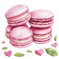 Fototapeta premium Delicate Pink Macarons Stacked on a White Background with Decorative Hearts and Leaves in a Whimsical Style