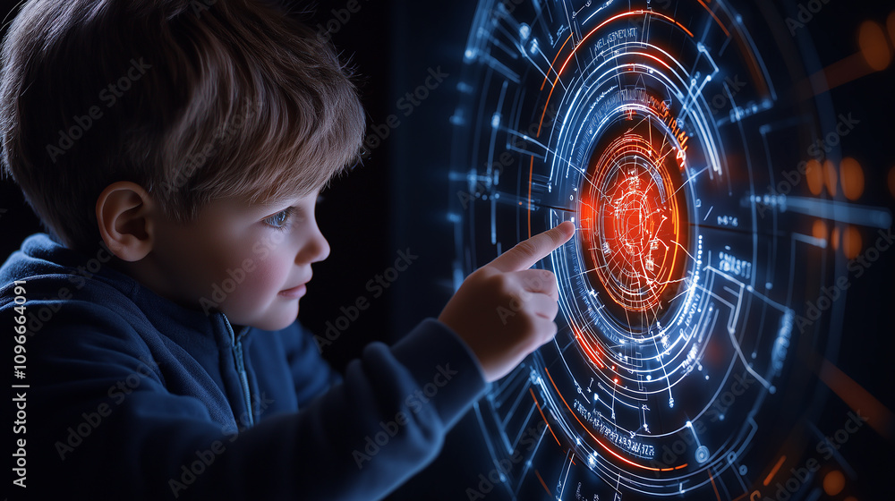 Aufkleber child interacting with digital interface, exploring AI technology and education. scene captures curiosity and engagement with futuristic elements
