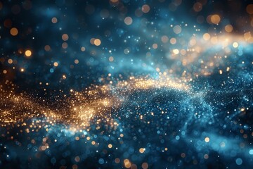Emerald and Blue Abstract Background with Gold Particles Glittering Dust in Space Shiny Texture Iridescent Backdrop Depth of Field