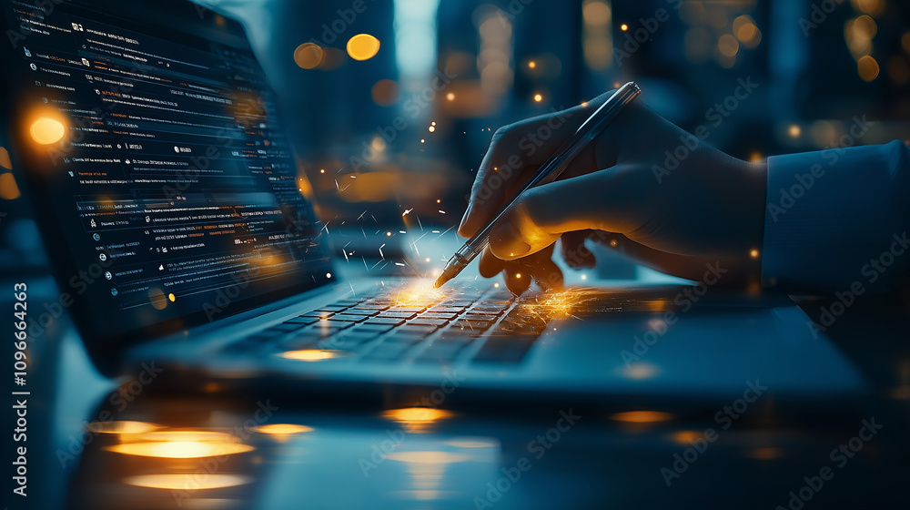 Fototapete hand using pen on laptop keyboard, with glowing sparks and blurred background, creating dynamic and creative atmosphere