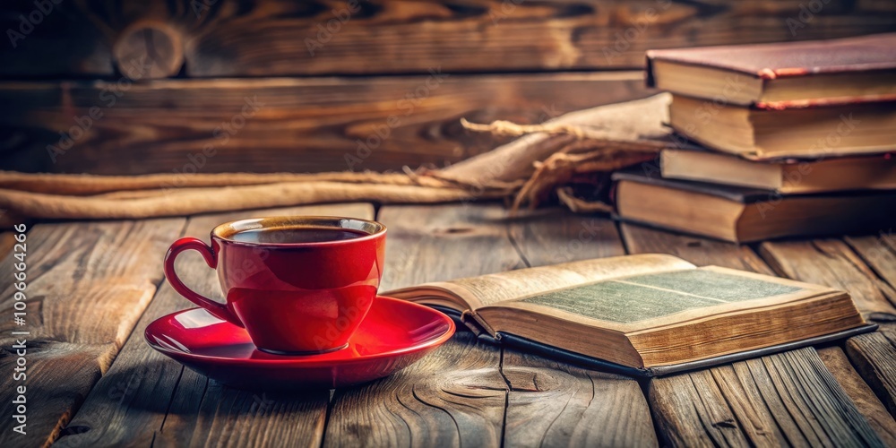 Leinwandbilder A single red coffee cup and saucer sit on a wooden table next to an open book, with a stack of books in the background.