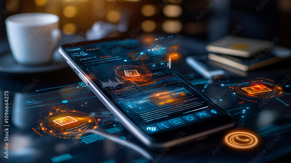 Aufkleber digital wallet app displaying successful online payment on smartphone, surrounded by futuristic grap