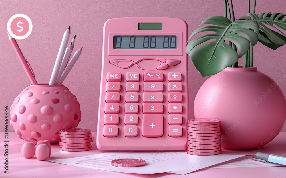 Poster 3d render of financial icons with calculator checklist and coins on light purple background for busi