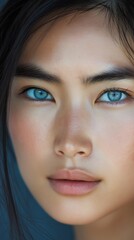 Fototapeta premium Closeup of woman's face with striking blue eyes, smooth skin, and natural beauty, detailed features, aesthetic portrait concept