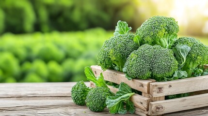 Freshly Harvested Broccoli Resting in Rustic Wooden Crate with Broccoli Field Background