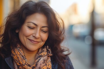 Middle age hispanic woman smiling confident looking down at street